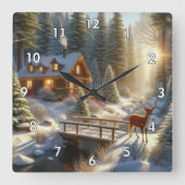 Hütte im schneebefluteten Wald mit Hirsch Quadratische Wanduhr (Vorderseite)