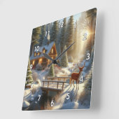Hütte im schneebefluteten Wald mit Hirsch Quadratische Wanduhr (Winkel)