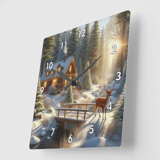 Hütte im schneebefluteten Wald mit Hirsch Quadratische Wanduhr (Winkel)