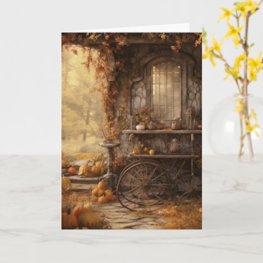 Hütte im Wald im Herbst - Hallo gefaltet Karte (Gelbe Blume)