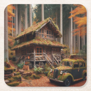 Hütte im Wald mit einem Oldtimer Rechteckiger Pappuntersetzer