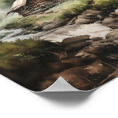 Hütte im Wald mit Wasserstrahl Poster (Ecke)