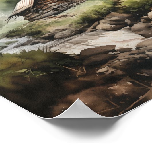 Hütte im Wald mit Wasserstrahl Poster (Ecke)
