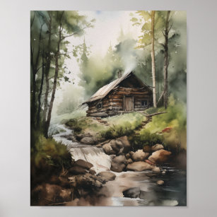 Hütte im Wald mit Wasserstrahl Poster