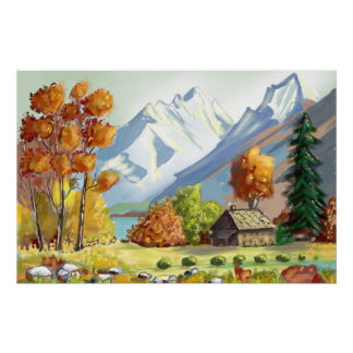 Hütte in den Bergen, Herbstfarben. Malerei. Poster