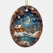 Hütte in der Winter Nacht des Waldes Keramik Ornament (Rechts)