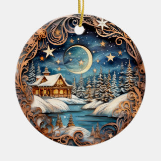 Hütte in der Winter Nacht des Waldes Keramik Ornament