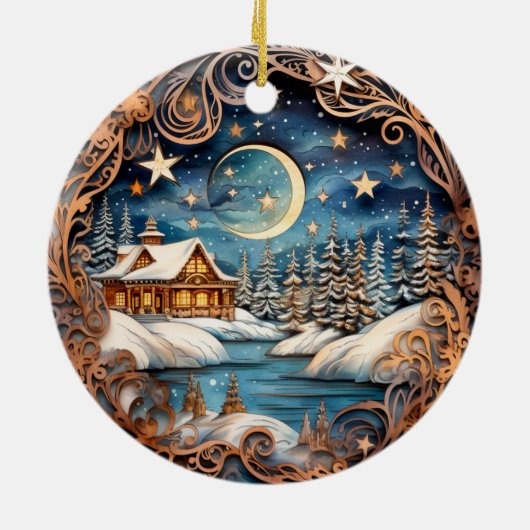 Hütte in der Winter Nacht des Waldes Keramik Ornament (Hinten)