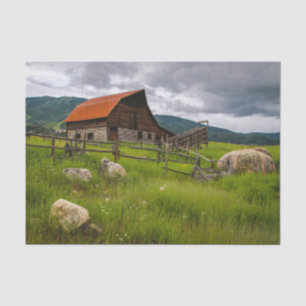 Hütte in einem Feld mit Schafen, die wie Felsen au Seidenpapier