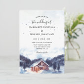 Hütte in einem schneebedeckten Dorf Hochzeitsfeier Einladung (Stehend Vorderseite)