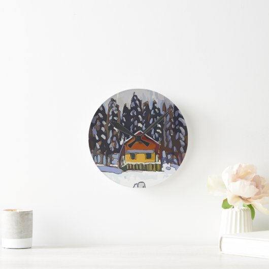 Hütte in Schnee Runde Wanduhr (Zuhause)