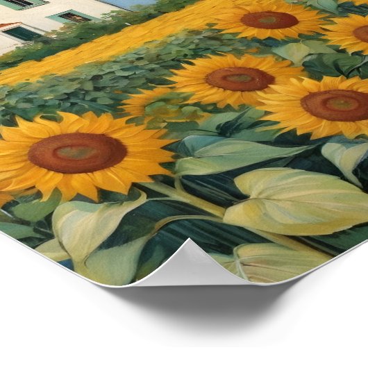Hütte inmitten von Sonnenblumenfeldern Poster (Ecke)