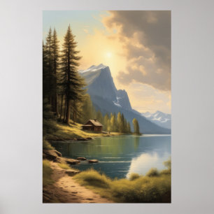 Hütte mit Blick auf einen See in der Nähe der Berg Poster