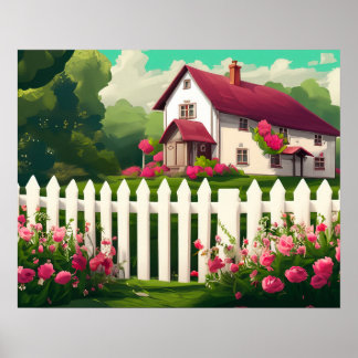 Hütte mit einem weißen Raketenzaun und Blume Poster