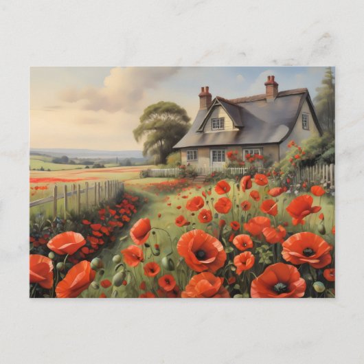 Hütte mit Zaun und Mohnwiese Postkarte (Vorderseite)