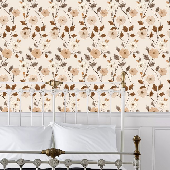Hütte - Neutrale Blume Tapete (Cottage Core Neutral Flowers Wallpaper behind a white metal bed frame. )