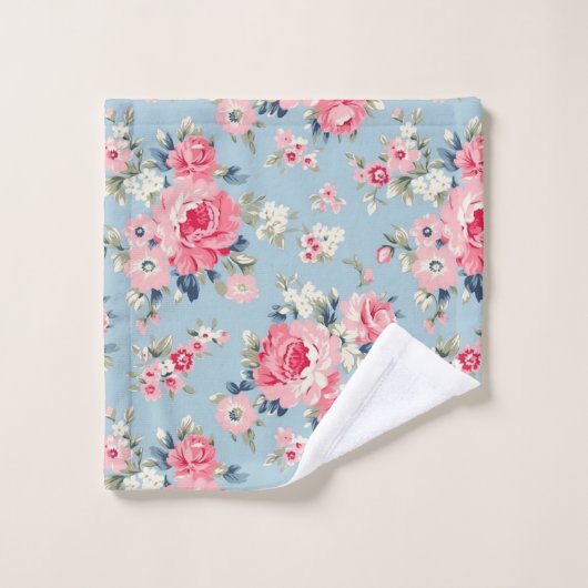 Hütte Rosa Rosen auf blauem Hintergrund Badhandtuch Set (Waschlappen)
