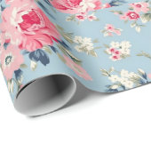 Hütte Rosa Rosen auf blauem Hintergrund Geschenkpapier (Rolleneckpunkt)