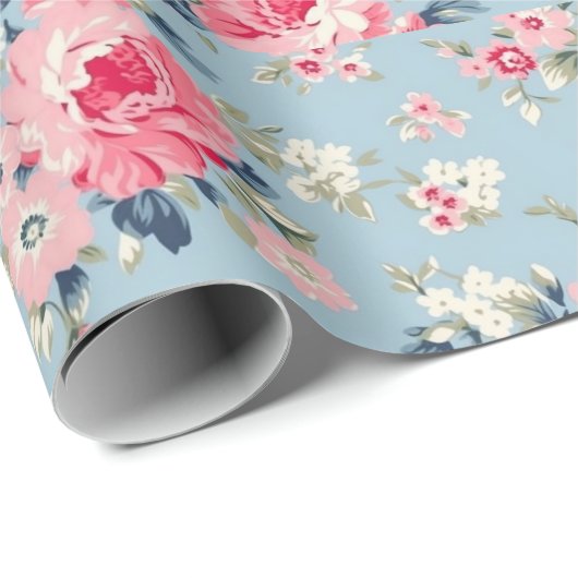 Hütte Rosa Rosen auf blauem Hintergrund Geschenkpapier (Rolleneckpunkt)