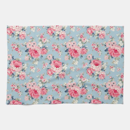 Hütte Rosa Rosen auf blauem Hintergrund Geschirrtuch (Horizontal)