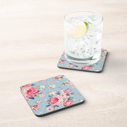 Hütte Rosa Rosen auf blauem Hintergrund Getränkeuntersetzer (Rechte Seite)