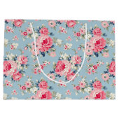 Hütte Rosa Rosen auf blauem Hintergrund Große Geschenktüte (Rückseite)