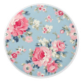 Hütte Rosa Rosen auf blauem Hintergrund Keramikknauf (Vorderseite)