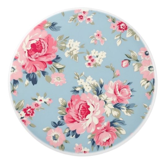 Hütte Rosa Rosen auf blauem Hintergrund Keramikknauf (Vorderseite)