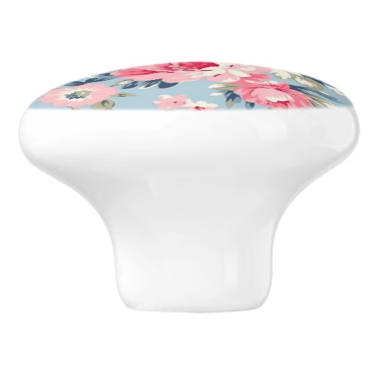 Hütte Rosa Rosen auf blauem Hintergrund Keramikknauf (Seitenansicht)