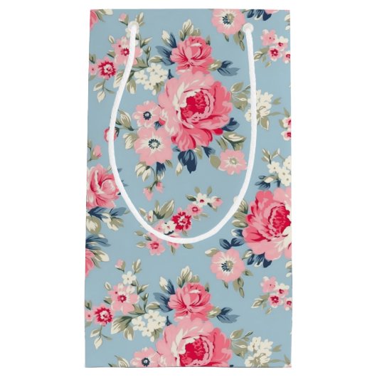 Hütte Rosa Rosen auf blauem Hintergrund Kleine Geschenktüte (Vorderseite)