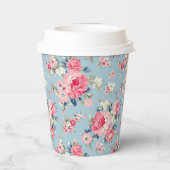 Hütte Rosa Rosen auf blauem Hintergrund Pappbecher (Rückseite)