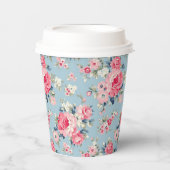 Hütte Rosa Rosen auf blauem Hintergrund Pappbecher (Vorderseite)