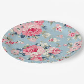 Hütte Rosa Rosen auf blauem Hintergrund Pappteller (Schrägansicht)