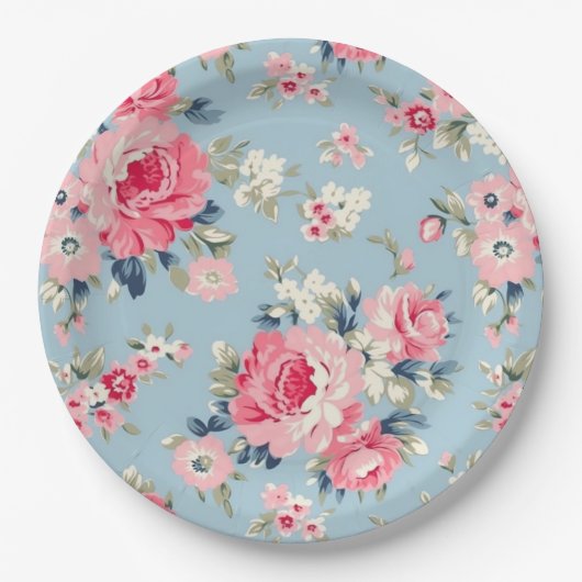 Hütte Rosa Rosen auf blauem Hintergrund Pappteller (Vorderseite)