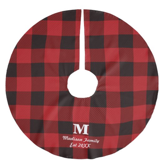 Hütte Roter Büffel Lumberjack karierte Monogramm Polyester Weihnachtsbaumdecke (Vorderseite)