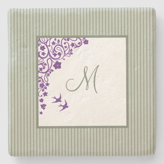 Hütte Sage Strip Lila Blumenskriptmonogramm Steinuntersetzer (Vorderseite)