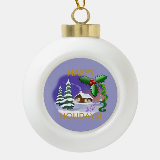 Hütte Snow Happy Holidays Keramik Ornament Ball (Vorderseite)
