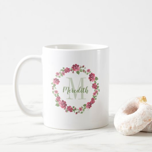 Hütte Stil florrosa Rosen Kränze Monogramm Kaffeetasse (Mit Donut)