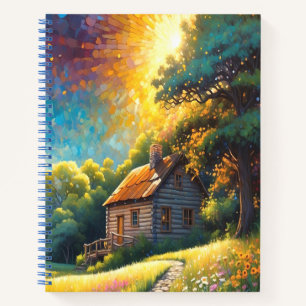 Hütte und Blumen auf einer bunten Wiese Notizblock
