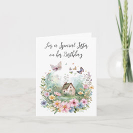 Hütte von Aquarellen im Blumenkranz für Schwester Karte