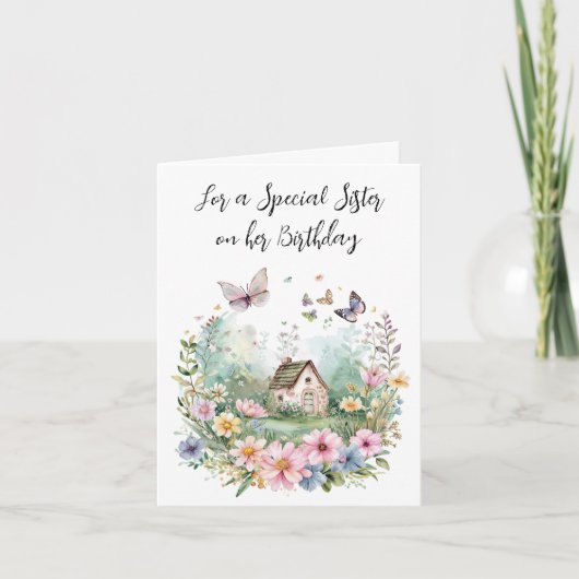 Hütte von Aquarellen im Blumenkranz für Schwester Karte (Vorderseite)