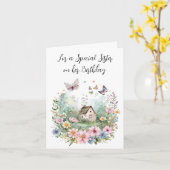 Hütte von Aquarellen im Blumenkranz für Schwester Karte (Gelbe Blume)