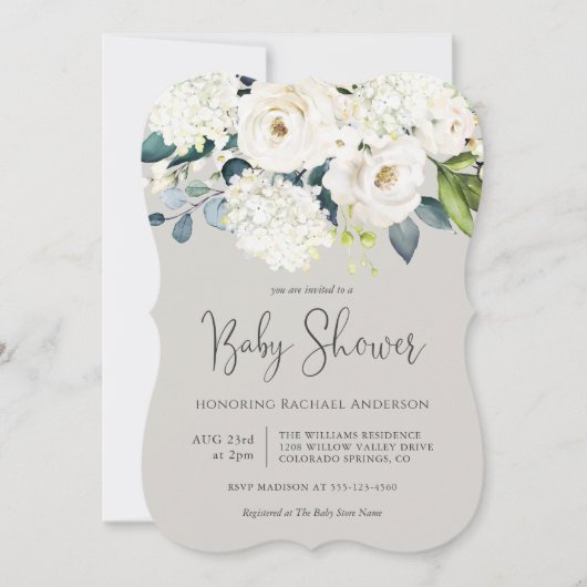 Hütte White Floral Baby Dusche Einladung (Vorderseite)