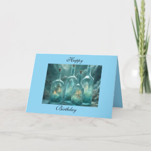Hütten in aquamarinblauen Glasflaschen Frohe Bi Karte
