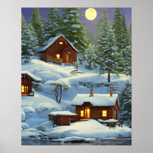 Hütten in der Schneelandschaft des Waldes Poster (Vorne)