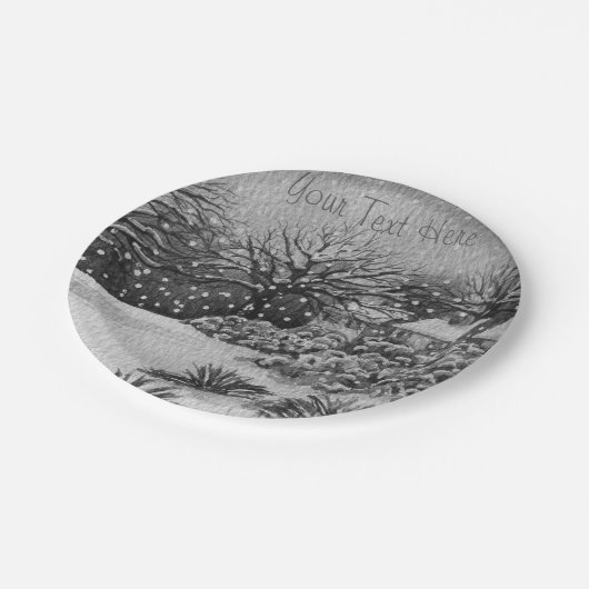 Hütten Schneeszene Pappteller (Schrägansicht)