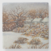 Hütten Schneeszene Weihnachten Steinuntersetzer (Vorderseite)