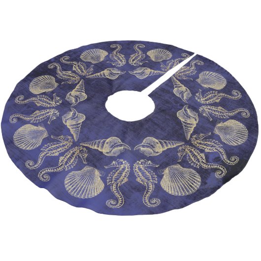 Hütten-Strand-blaue GoldseeMuschel Polyester Weihnachtsbaumdecke (Schrägansicht)