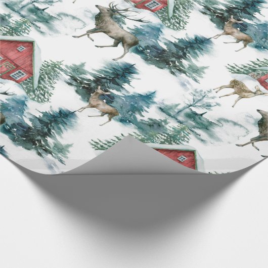 Hüttenwälder mit Hirschen und Schneebäumen Geschenkpapier (Ecke)