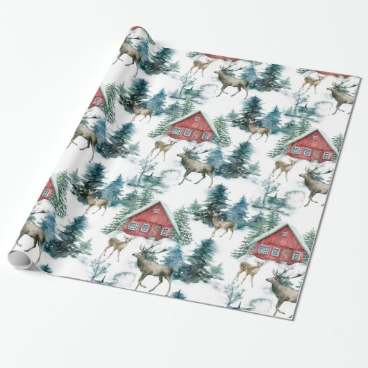 Hüttenwälder mit Hirschen und Schneebäumen Geschenkpapier (Ungerollt)
